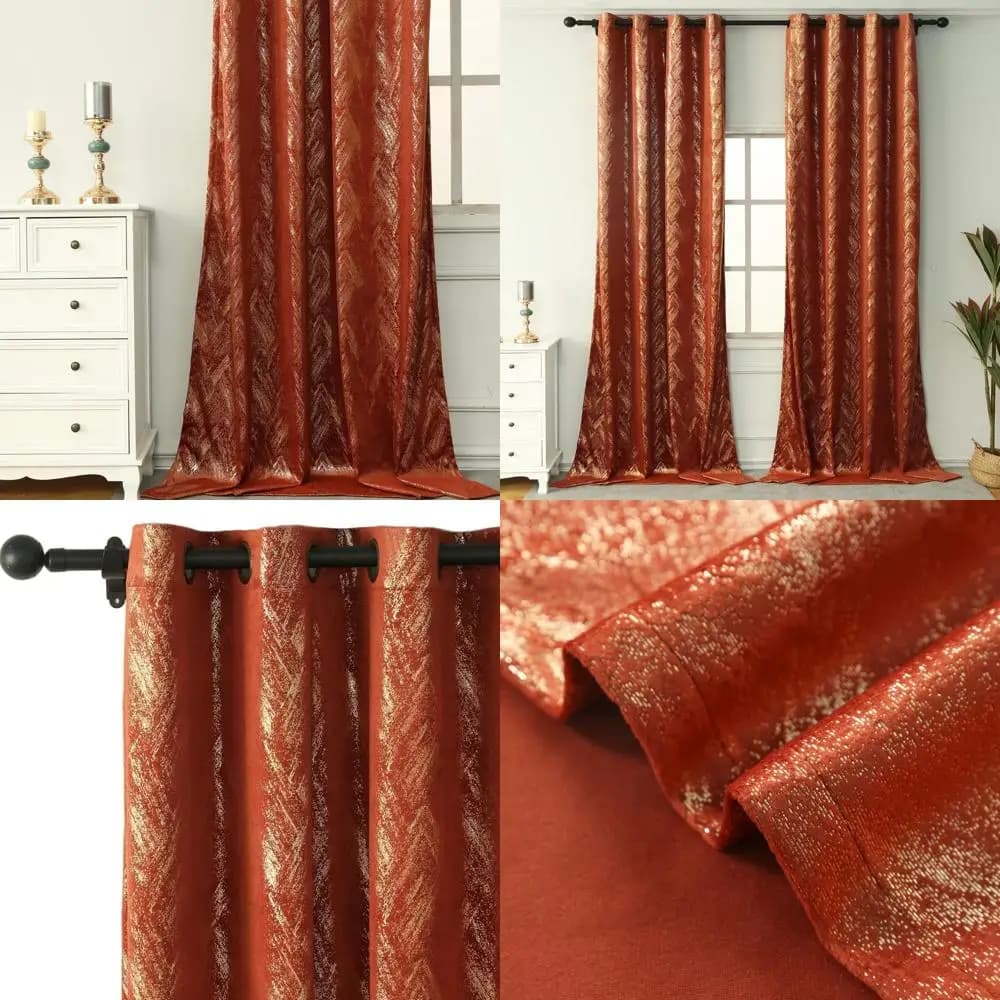 Luxury Curtains in Velvet Orange Bruciato with Lamina Gold Champagne Print, Geometric Pattern, Thermal Insulation, with Eyelets, 2 Panels