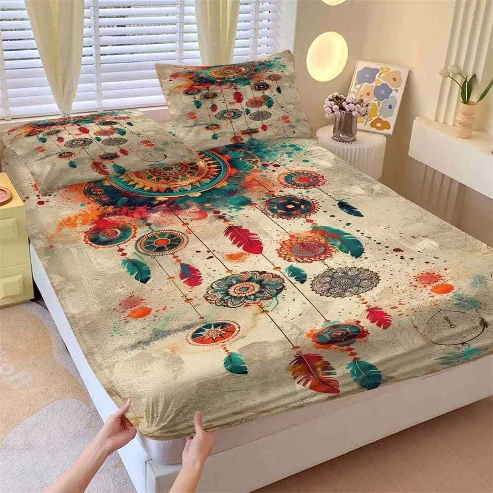 Bohemian Dreamcatcher Fitted Sheet Set (1 Fitted Sheet + 2 Pillowcases) Artistic Mandala Bedding Set Soft Bedroom Decor