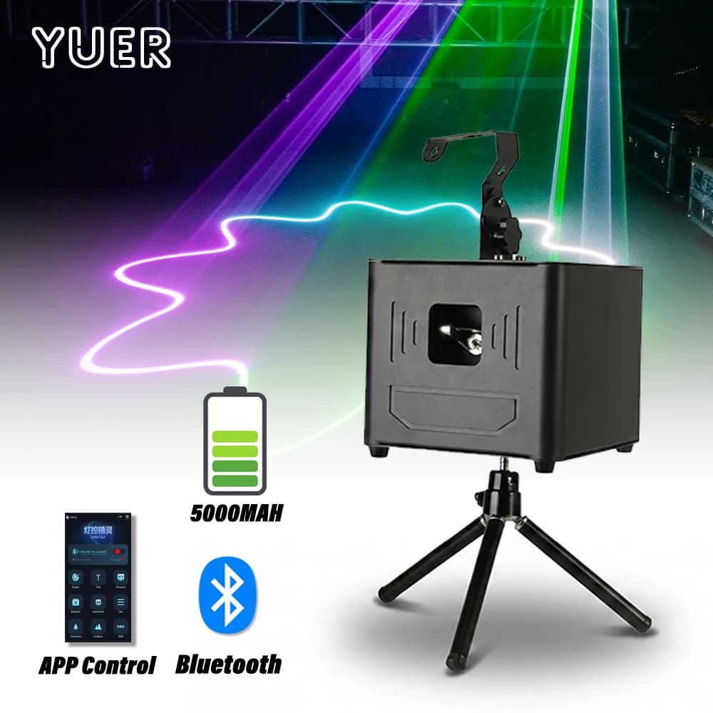 Mini Proiettore Laser RGB 1W/2W con Controllo Bluetooth tramite App iOS/Android, Batteria Integrata, Animazioni, Effetto Beam Scanner, DMX512 per DJ e Matrimoni