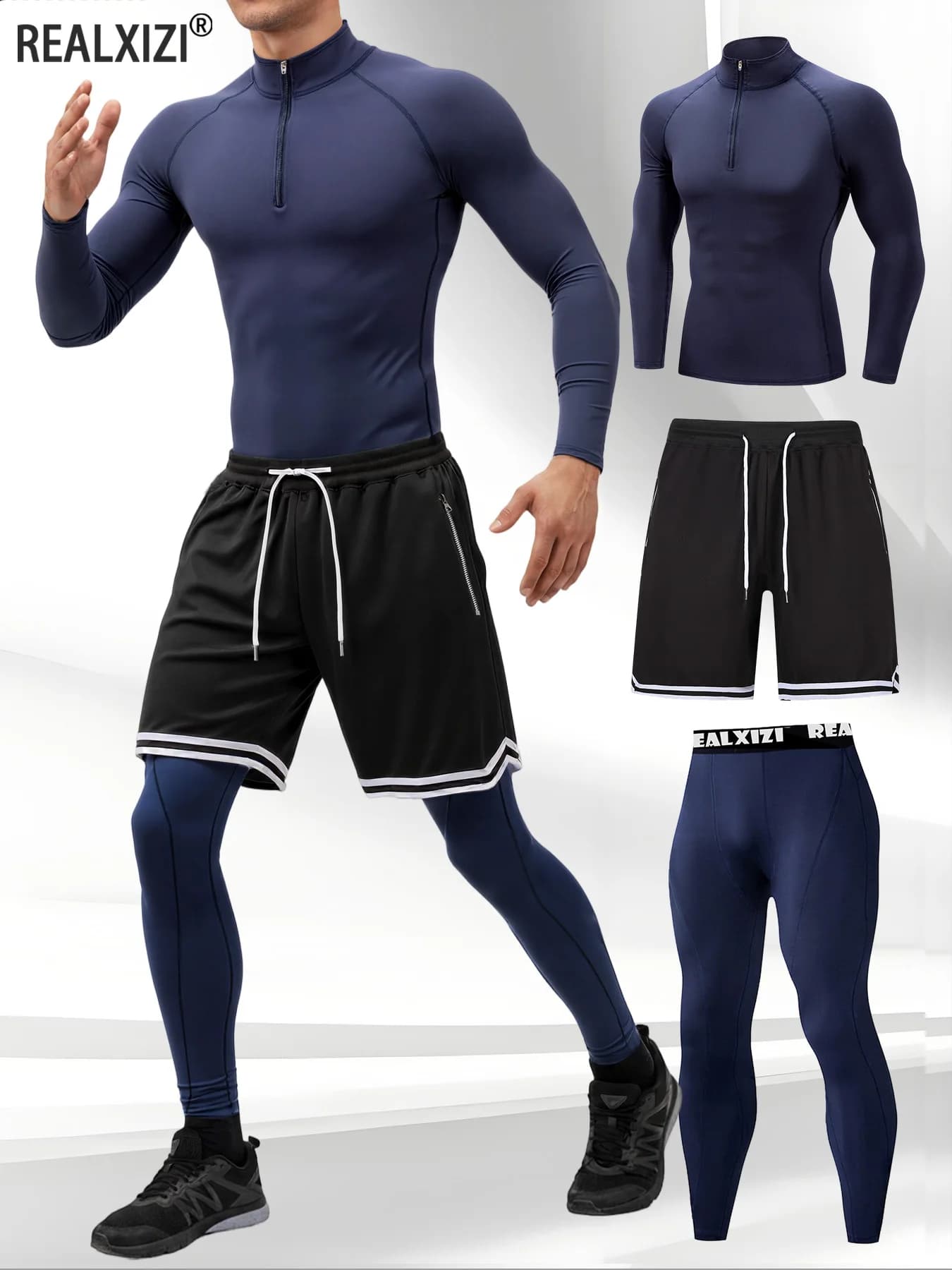 Completo Sportivo da Uomo 3 Pezzi ad Asciugatura Rapida: Pantaloni Aderenti Elastici da Corsa + Maglietta a Maniche Lunghe + Pantaloncini - Abbigliamento da Palestra