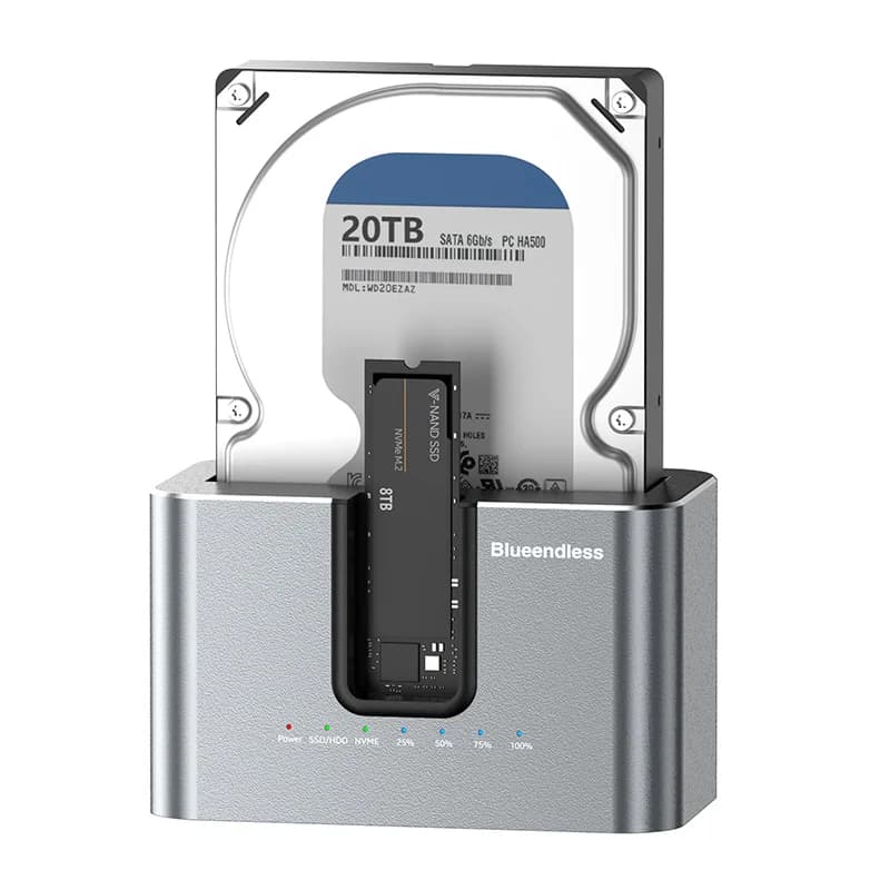 Dual Bay External Aluminum USB-C Adapter NVME SSD SATA SSD HDD Cloner Enclosure Compatible with PCIE 2.5 3.5 Hard Disk 10Gbps
