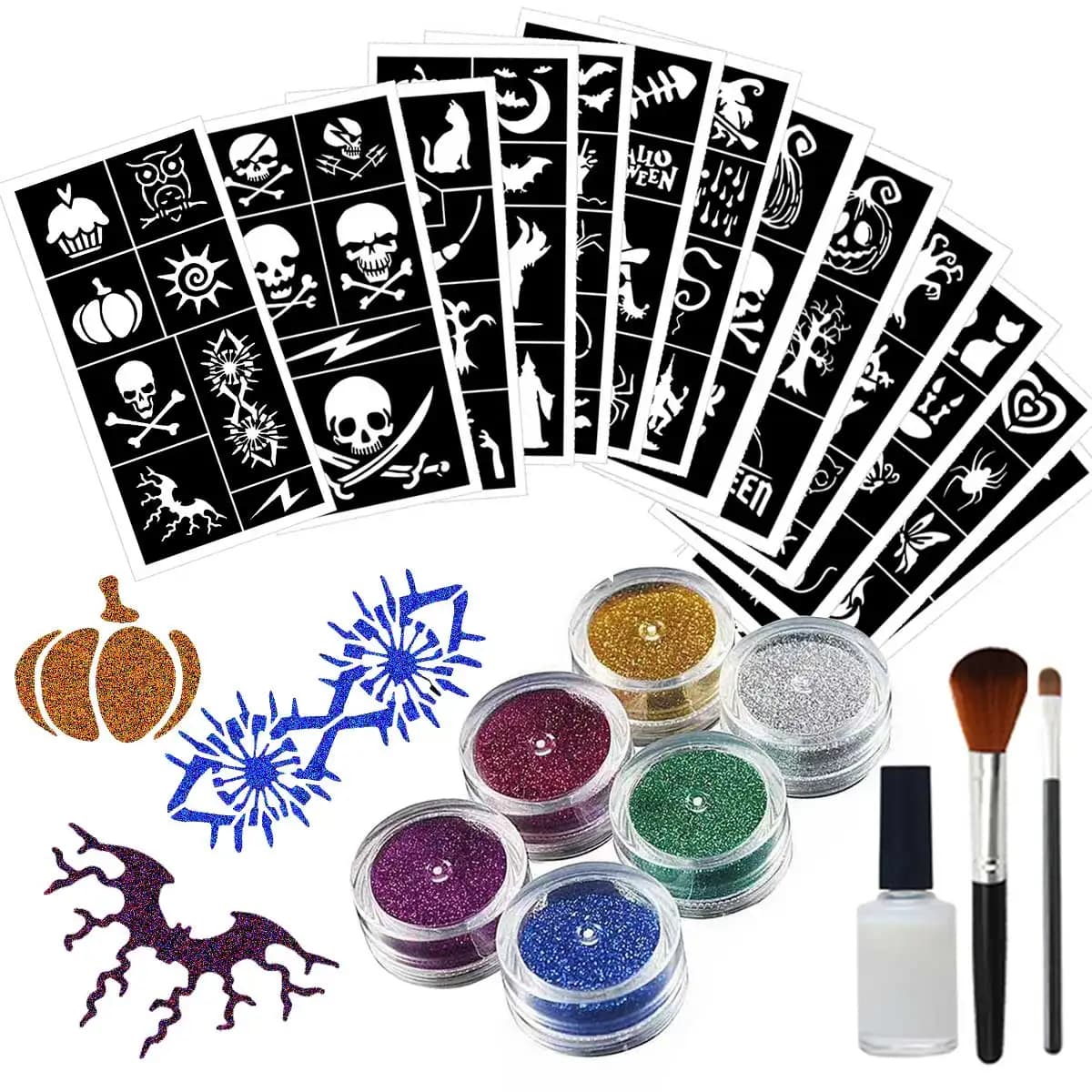 Set temporary flash tattoos, 6 color funny flash tattoos for body painting, with 13 models of Halloween theme cable models and drooping brushes, easy to apply and remove, suitable for Halloween stage makeup, party gifts, graduation ceremony, party decorations, travel music festivals