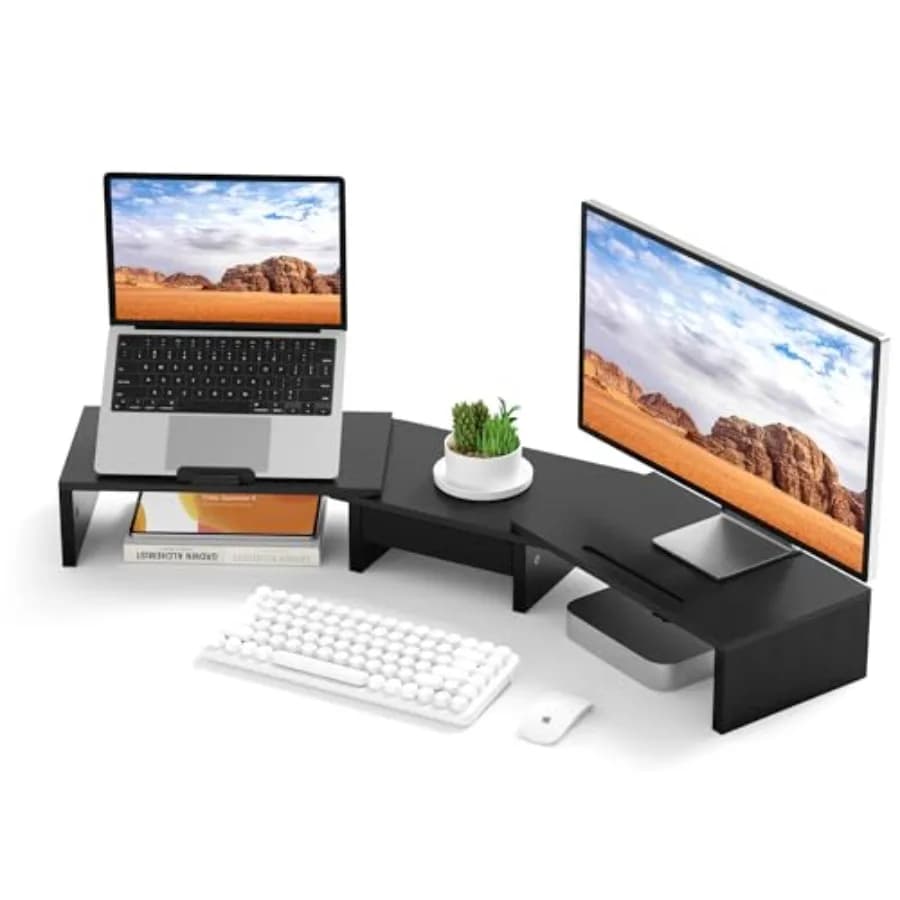 Supporto per doppio monitor da scrivania per uso ufficio, struttura in acciaio nero, lunghezza e angolazione regolabili, design a 3 ripiani con spazio di archiviazione
