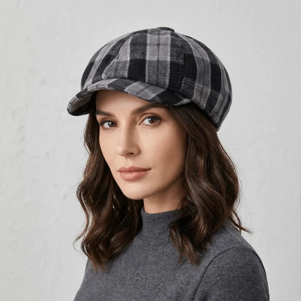 Berretto da Pittore in Cotone con Stampa a Quadri, Cappello Piatto Confortevole con Visiera, Fodera Calda, Motivo a Righe, Berretto Ottagonale