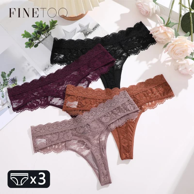 FINETOO 3Pcs Women Lace Hollow Out Underwear Sexy Floral Print Panties Female Solid Low-Waist Thong Breathable G-string Lingerie