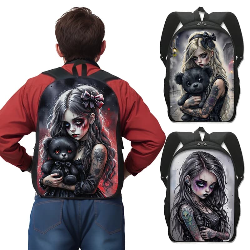 Cartone animato gotico ragazza e orso bambola stampa zaino Cool Goth donne borse da scuola bambini viaggio Laptop zaini bambini Bookbag regalo