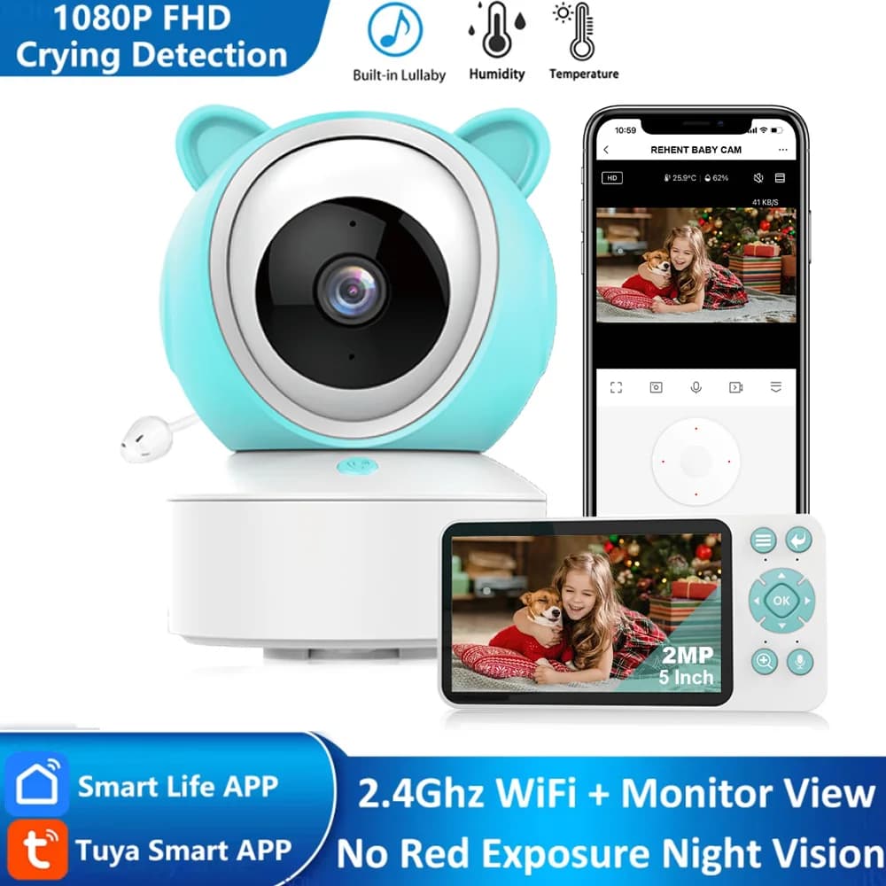 5 "Tuya Smart WiFi Promemoria di alimentazione Temperatura Motion Sound Detection APP Visualizza controllo Audio Video Baby Monitor Camera 1080P