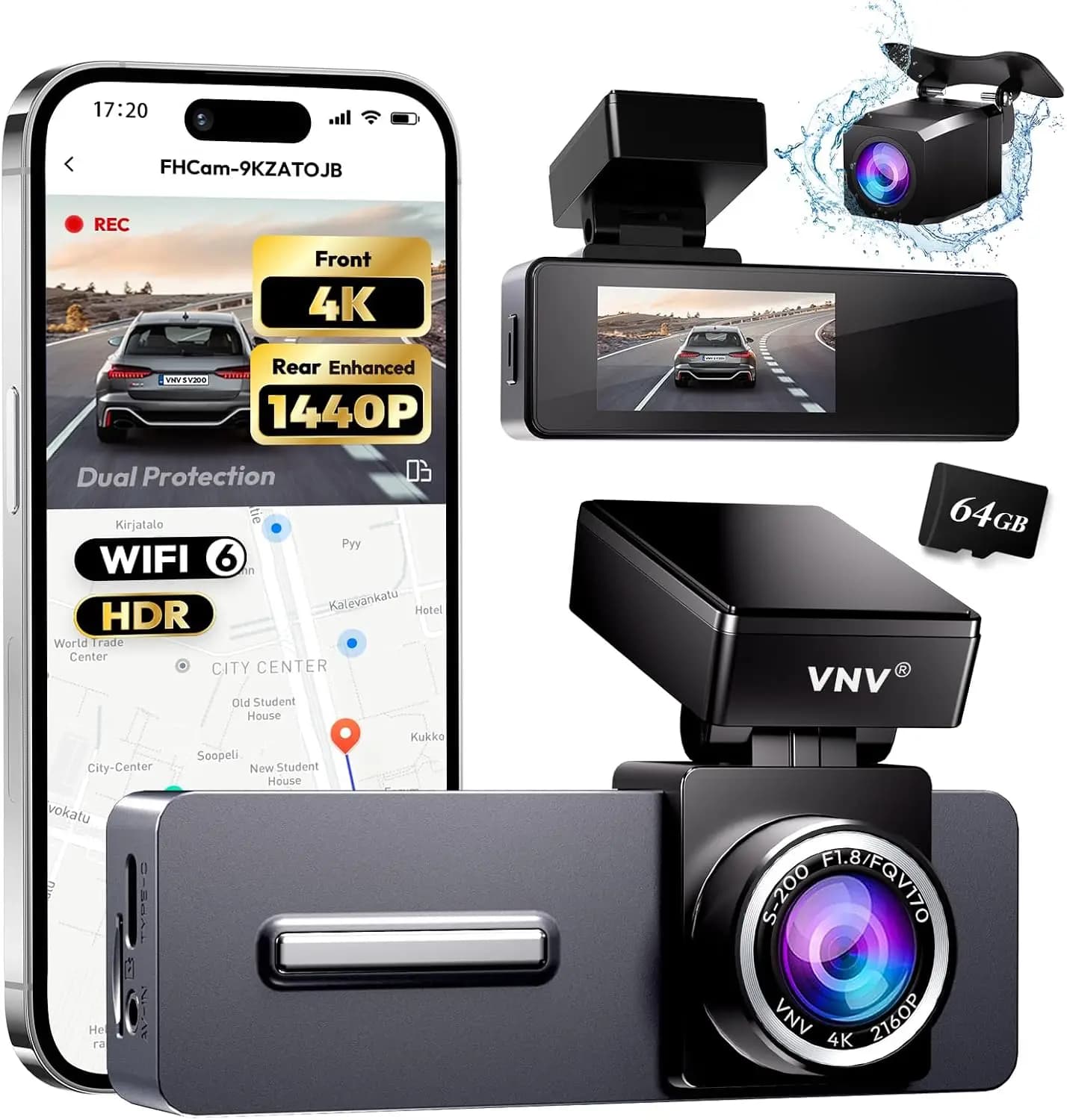 4K+2.5K Dash Cam Front and Rear, GalaxyCore Sensor, Free 64GB Card, WiFi App Control, WDR Night Vision, 170° Wide Angle, 24H Parking Mode, 2" IPS