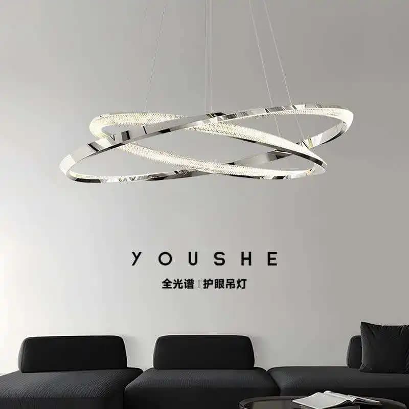 Lampada a sospensione girevole per soggiorno, sala da pranzo, camera da letto, moderna, a forma di anello argentato, illuminazione a LED per interni