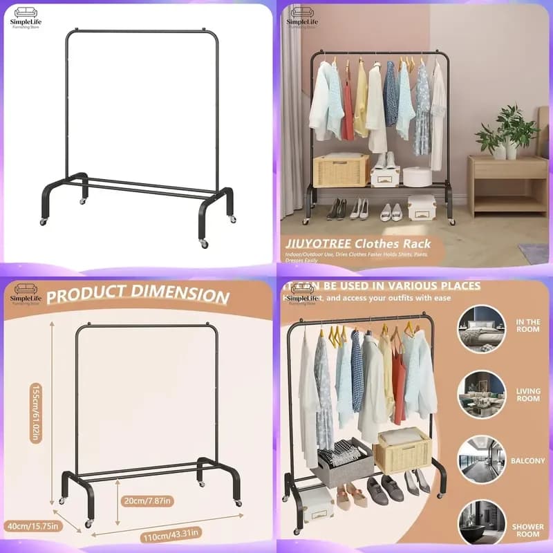 Modern Iron Coat Rack with Wheels 5 Tier 5 Hooks Portable Clothes Hanger Stand Black Metal Garment Organizer for Living Room