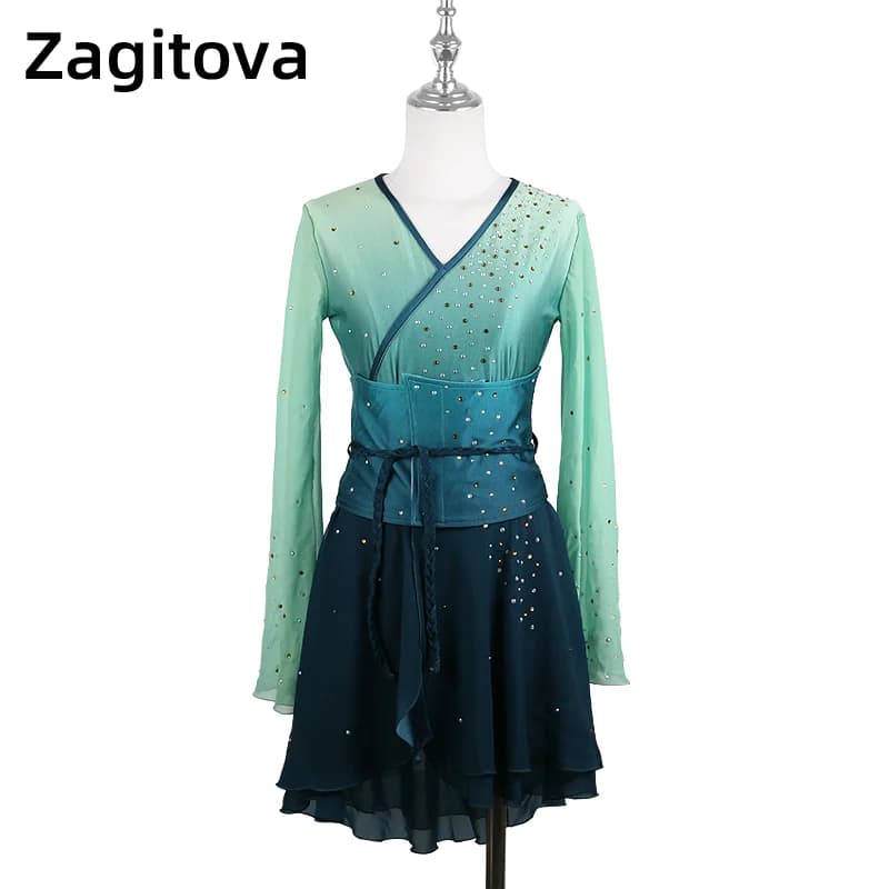 Zagitova Abito da pattinaggio di figura Donna Ragazza Gonna da pattinaggio su ghiaccio Stile cinese Kimono antico sfumato Gonna a rete con diamanti lucidi
