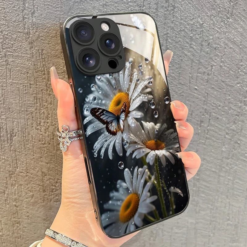 Custodia per telefono in vetro temperato con motivo a farfalla bianca margherita per iPhone 16 17 15 14 13 12 11 Pro Max 16E 7 Plus XR XS X Cover