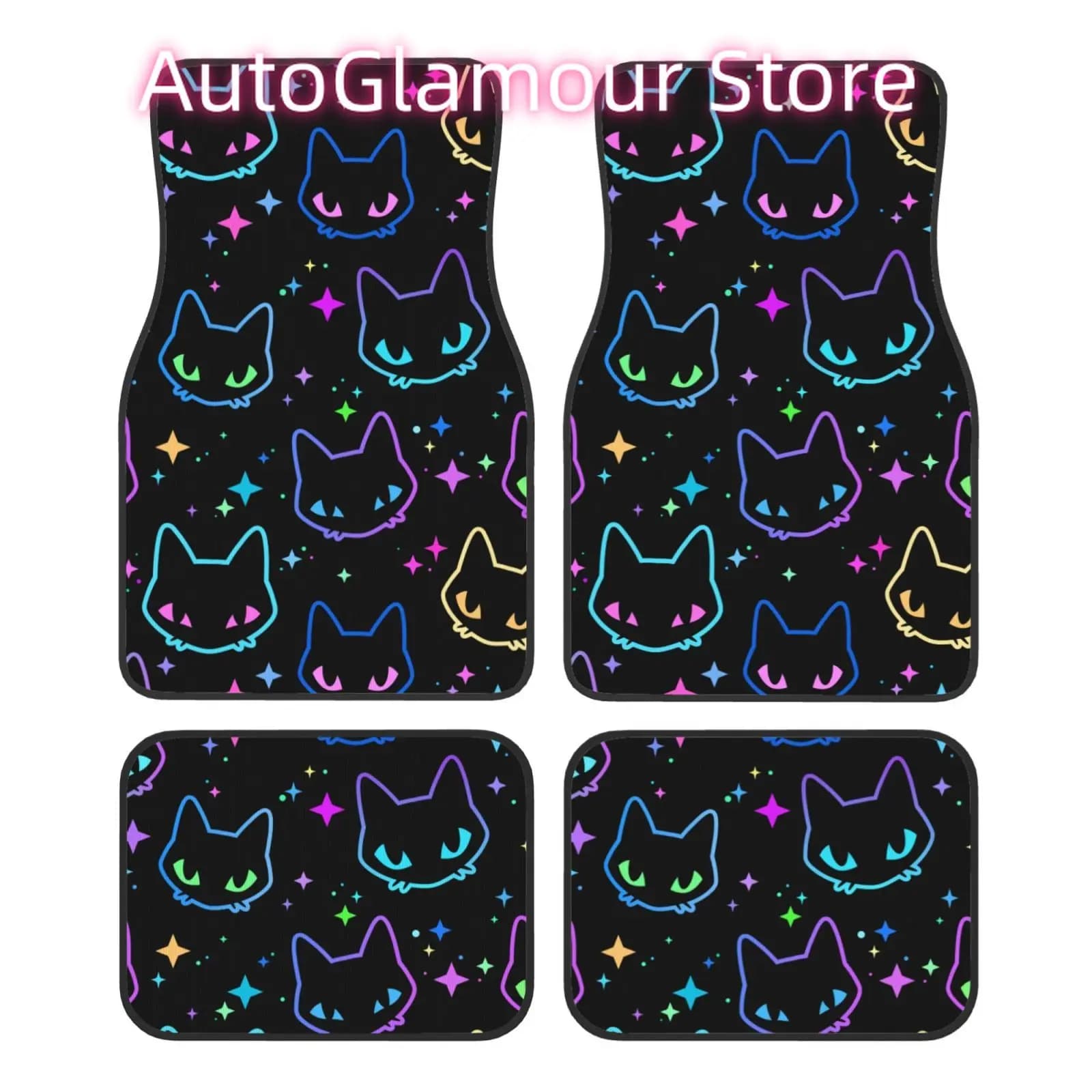 Set di 4 Tappetini per Auto con Motivo Stampato a Testa di Gatto Colorata, Adatti per Tutti i Tappetini Auto, sia Anteriori che Posteriori