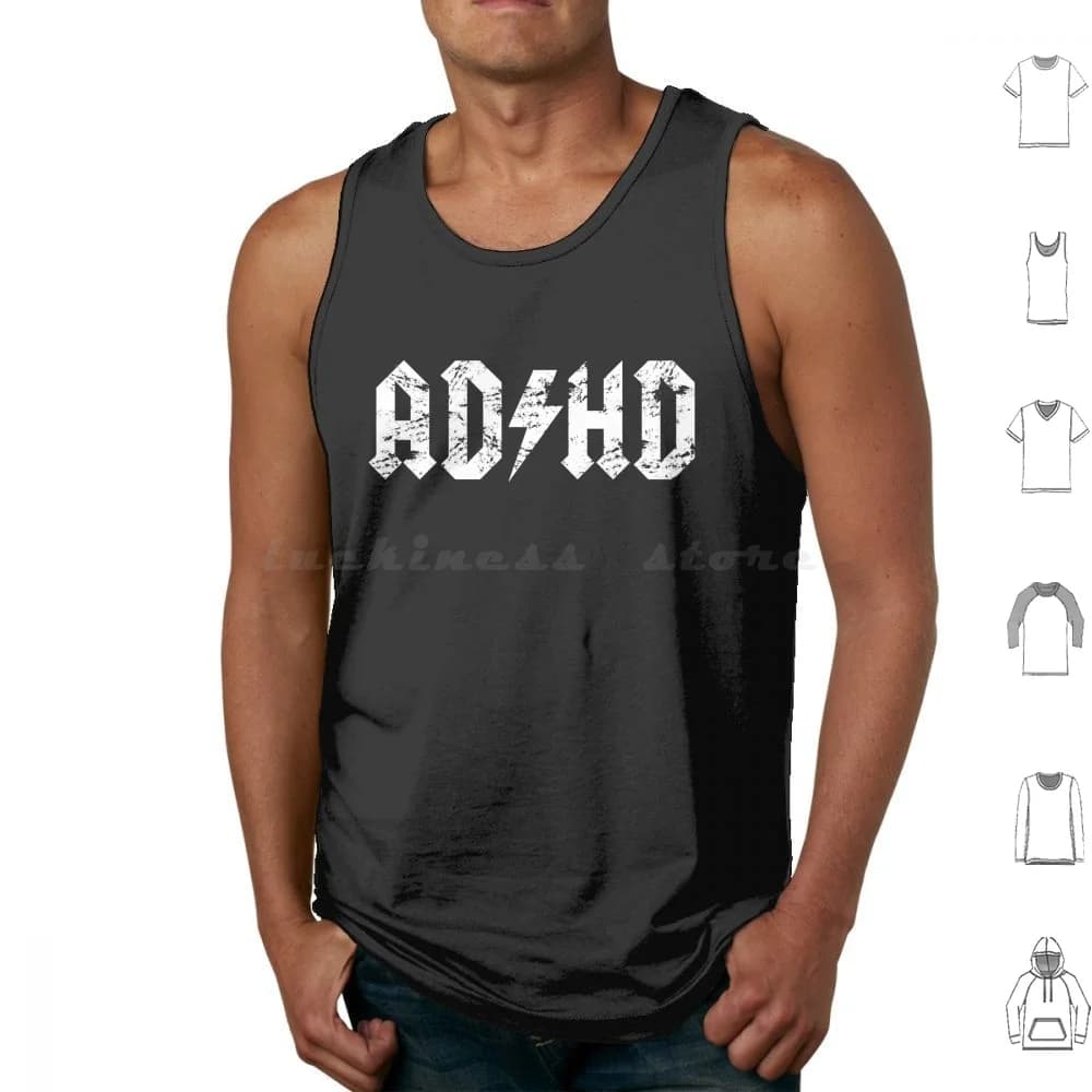 Canotte Adhd Canottiere senza maniche Parodia Thd Entourage Divertimento in metallo Fantastico e rotolo Nero Cultura pop Musica Logo invecchiato