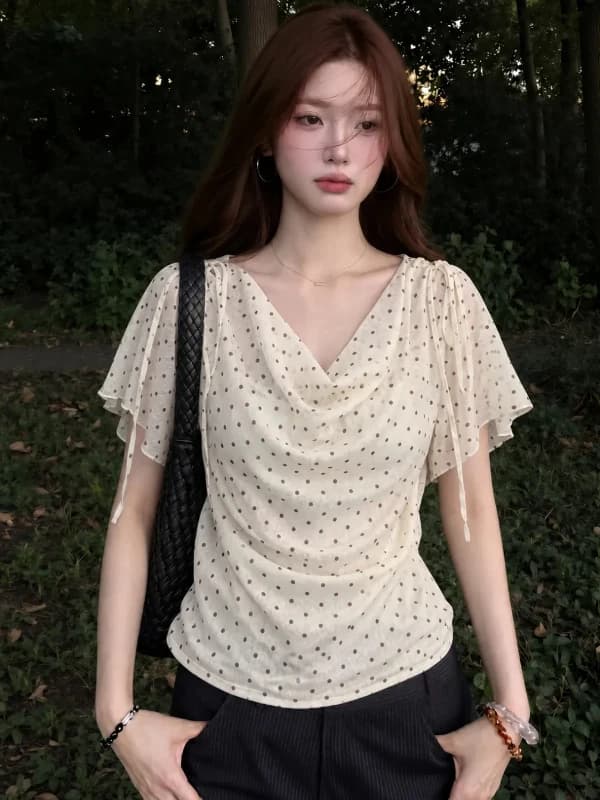 plus Size Women's Polka Dot T-Shirt Summer New Waist Cinched Short Sleeve Drawstring Knot Korean Style Slim Fit Top