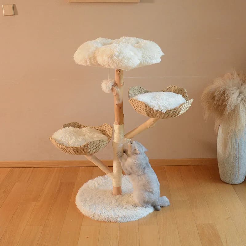 Disponibile: Tiragraffi per Gatti in Legno Massello Naturale, Struttura da Arrampicata, Cuccia a Forma di Fiore, Casa sull'Albero, Torre Tiragraffi in Legno