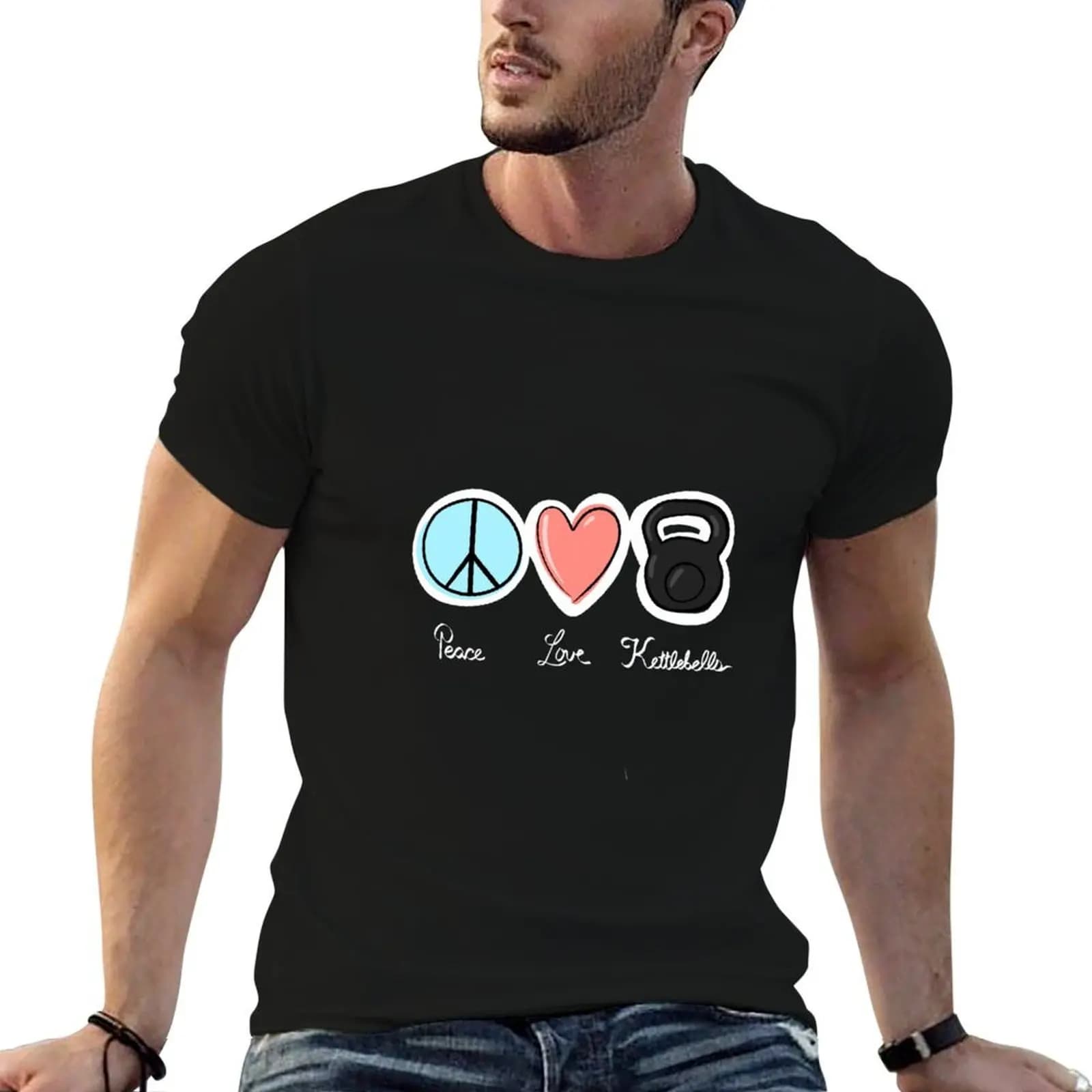 T-shirt Peace Love kettlebells, t-shirt da uomo, t-shirt da uomo di lusso, t-shirt estive, t-shirt in cotone 100%