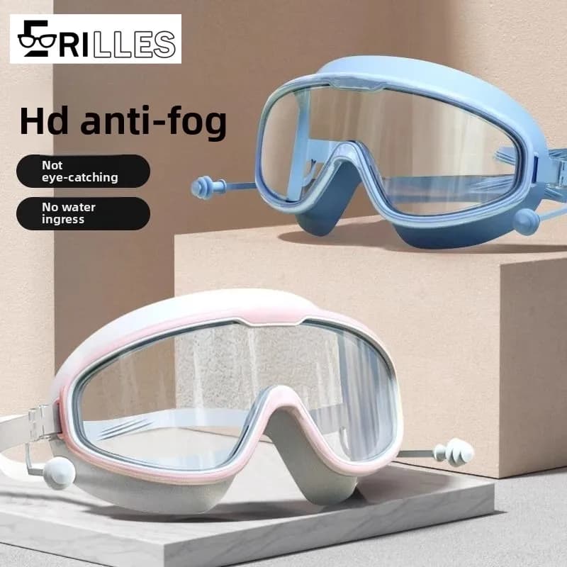 Professional swim glasses set, big anti-fog mount, waterproof HD lens, includes swim cap for men, women and children