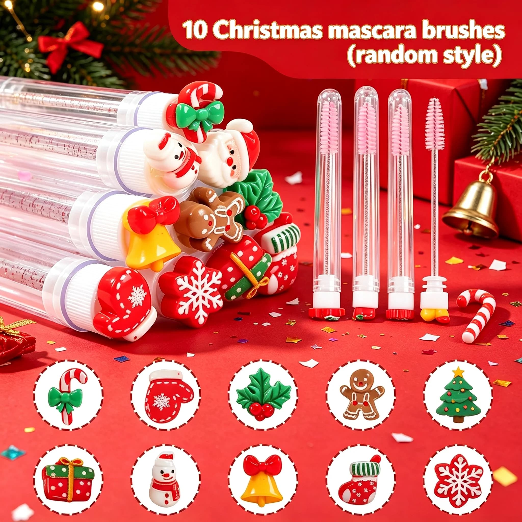 10Pcs Random Christmas Mascara Wands Eyelash Brushes Spoolies Eye Lash Extension Tools Makeup Accessories Xmas Gift for Women