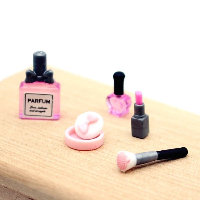 1Set 1:12 Casa delle bambole in miniatura Rossetto cosmetico Polvere pressata Profumo Pennello per trucco Modello per bambola Trucco Decor Accessori Giocattoli
