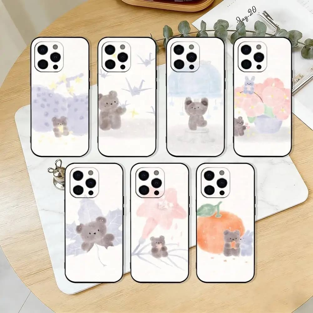 Custodia per telefono C-Cute B-Bear e Coniglio per iPhone 17, 16, 15, 14, 13, 12, 11 Plus, Pro Max, XS, Cover Nera in Silicone Morbido