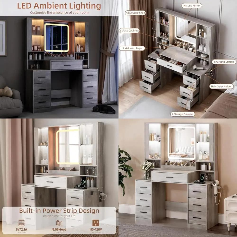Vanity Desk with Mirror & Lights, Makeup Vanity with Power Strip, 7 Ders & 2 Cabi, Hair Dryer Holder, RGB Cabinet Lighting, 3-Co