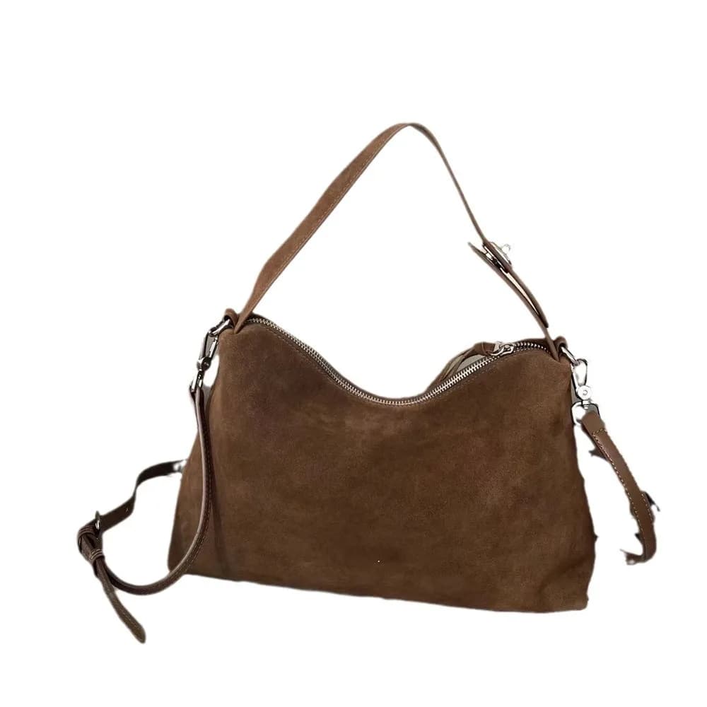 Borsa a tracolla da donna in pelle di mucca scamosciata opaca morbida grigia spaziosa grande Boston Tote semplice autunno inverno