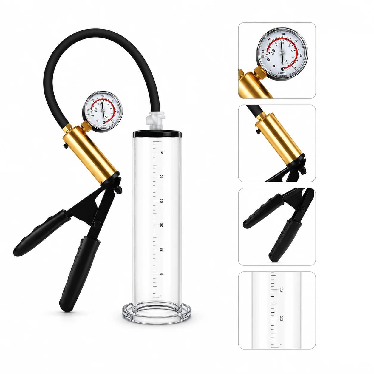 Men Manual Vacuum Pump Trainer Kit with Clear Acrylic Cylinder, Black Hose, Metal Pressure Gauge and Hand Suction Control