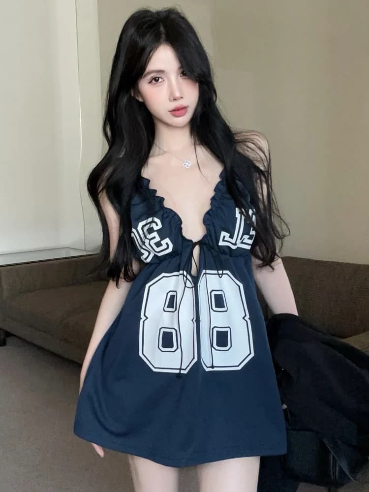 Sexy Backless Loose Deep V Neck Slimming Strap Dress Women's Autumn New Design Flower A-Line Short Skirt Korean Style