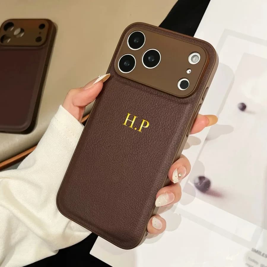 Personalized Luxury Classic Faux Leather Case For iPhone 17 16 15 14 13 Pro Max Plus Air Custom Name Gold Hot Foil Engraved Cas