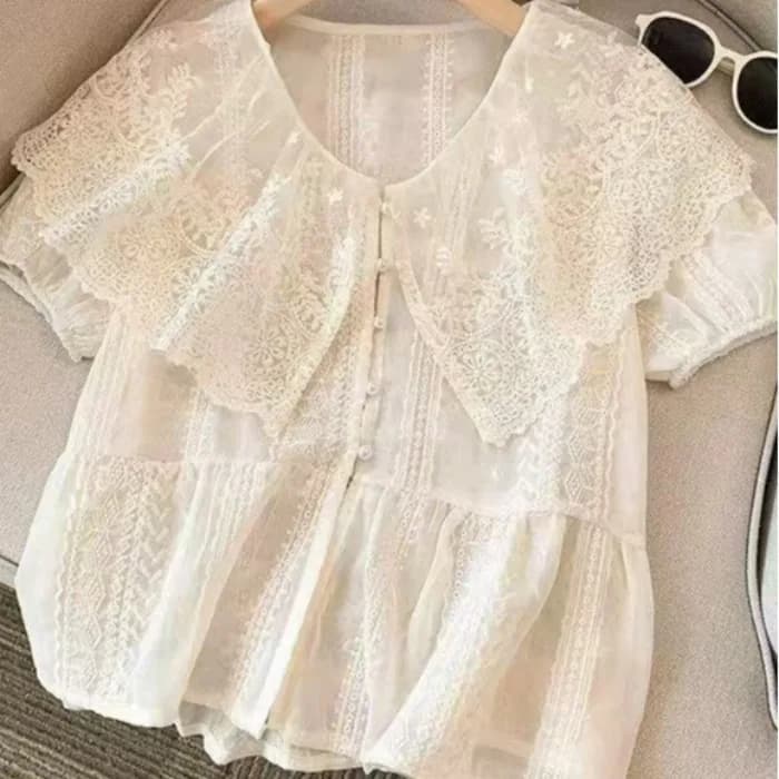 Chic Lace Embroidery Doll Collar Patchwork Shirt Women's Summer 2026 Breathable Short Sleeve Polyester Fiber Blouse