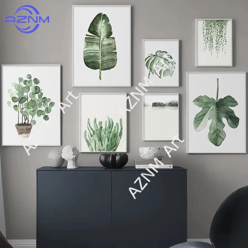 1 Pezzo, Dipinti su Tela, Poster e Stampe, Quadro da Parete, Stile Verde con Foglie e Vasi per Decorazione Soggiorno