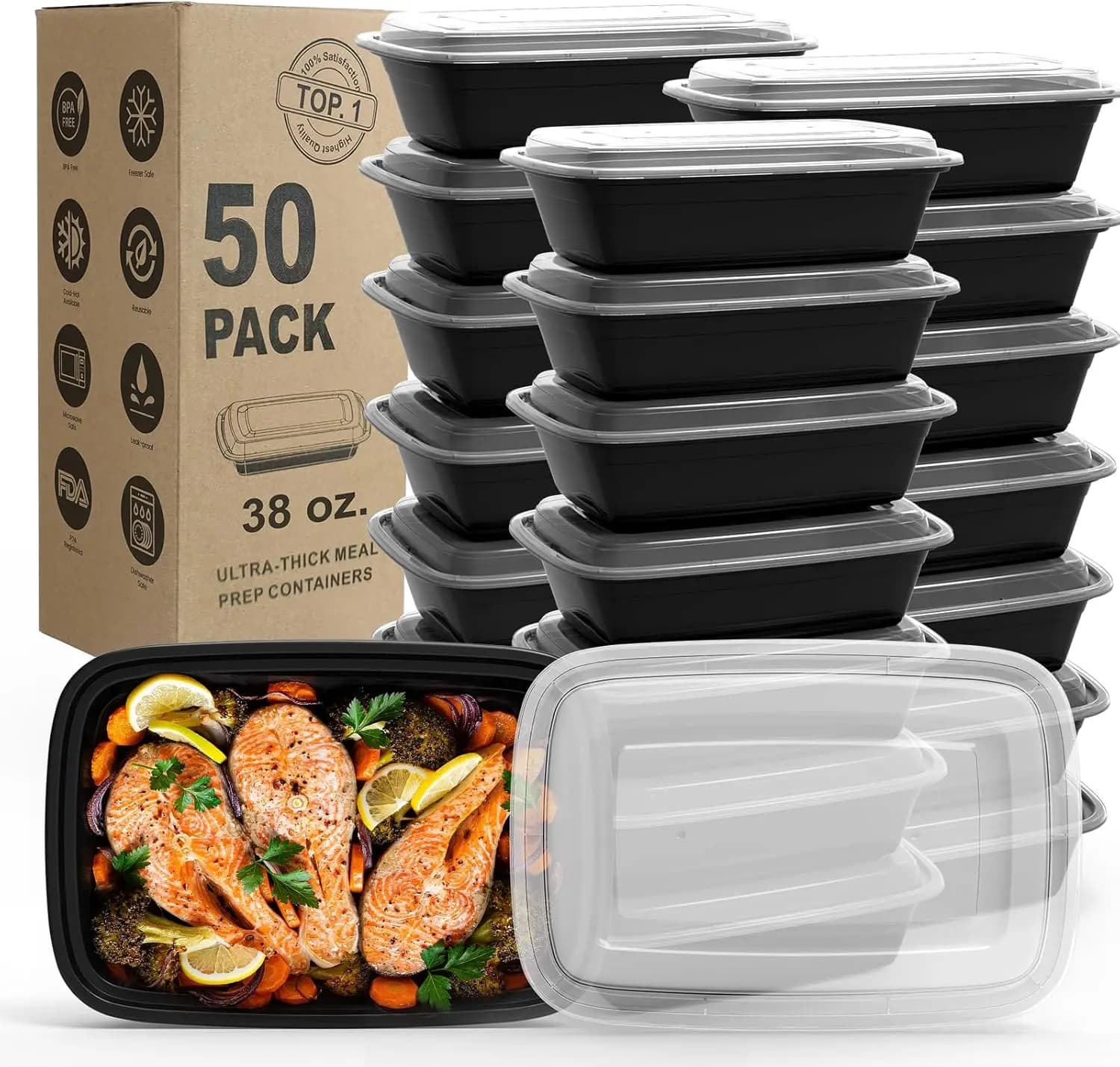 Confezione da 50 Contenitori per Alimenti Riutilizzabili da 38OZ con Coperchi, Senza BPA, Impilabili, Adatti per Microonde/Lavastoviglie/Congelatore per Preparazione Pasti