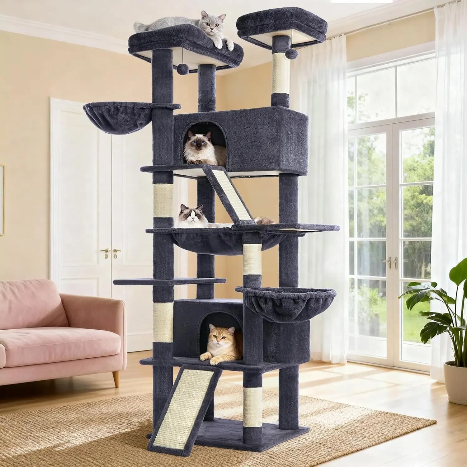 Indoor Use Heavy Duty Cat Tree in Dark Grey, with Sisal Scratching Posts, Hammock, Perches and Condos for Large Cats
