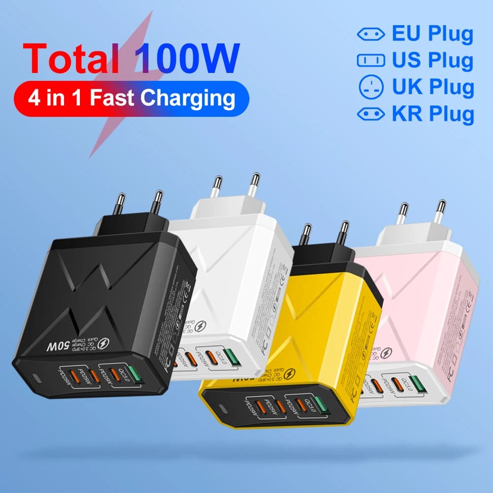 Caricatore totale da 100 W a 4 porte Adattatore da parete per telefono cellulare USB a ricarica rapida 3.0 per iPhone Samsung Xiaomi Huawei Carica rapida