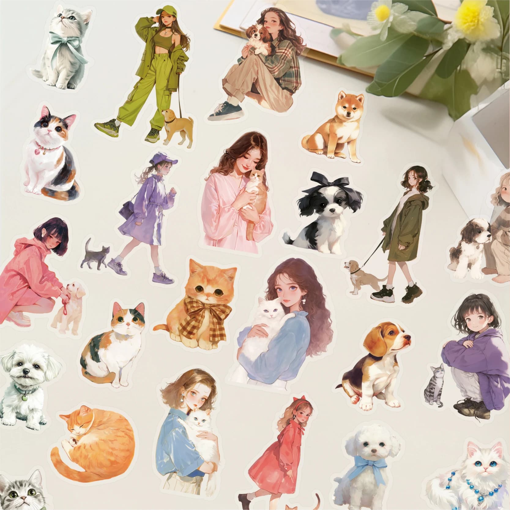Warm Tone Girl And Pet Stickers Set Soft Aesthetic Stickers For Journal Scrapbooking Planner DIY Collage