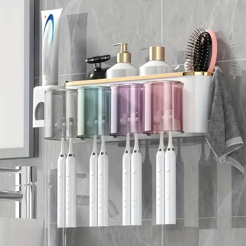 Set Multifunzionale Portaspazzolini e Portabicchieri da Parete con Dispenser per Dentifricio e Collutorio