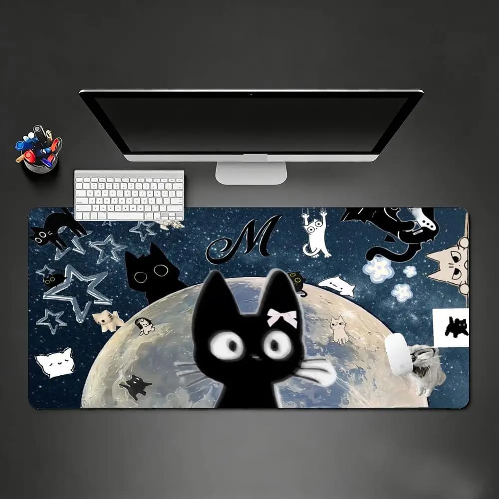 Tappetino per mouse Black Cat, tappetino da scrivania grande, tappetino per mouse da gioco con arte astratta, antiscivolo, anti-sfilacciamento, per tastiera, laptop, luna, stelle, fantasia