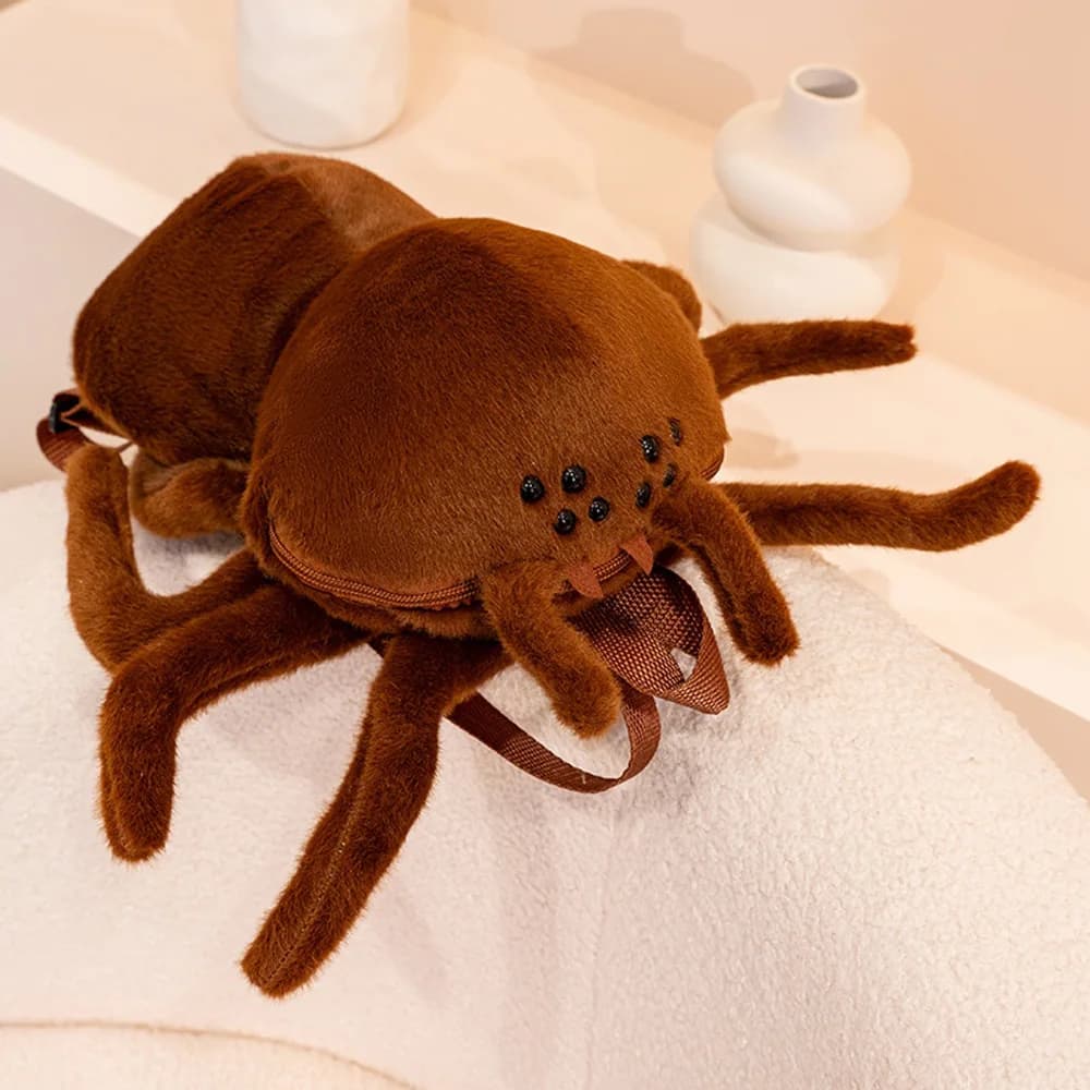 Zaino Ragno in Peluche, Marrone Vellutato, Morbido al Tatto, Design Unico e Carino, Accessorio per Costume di Halloween, Cosplay e Gite