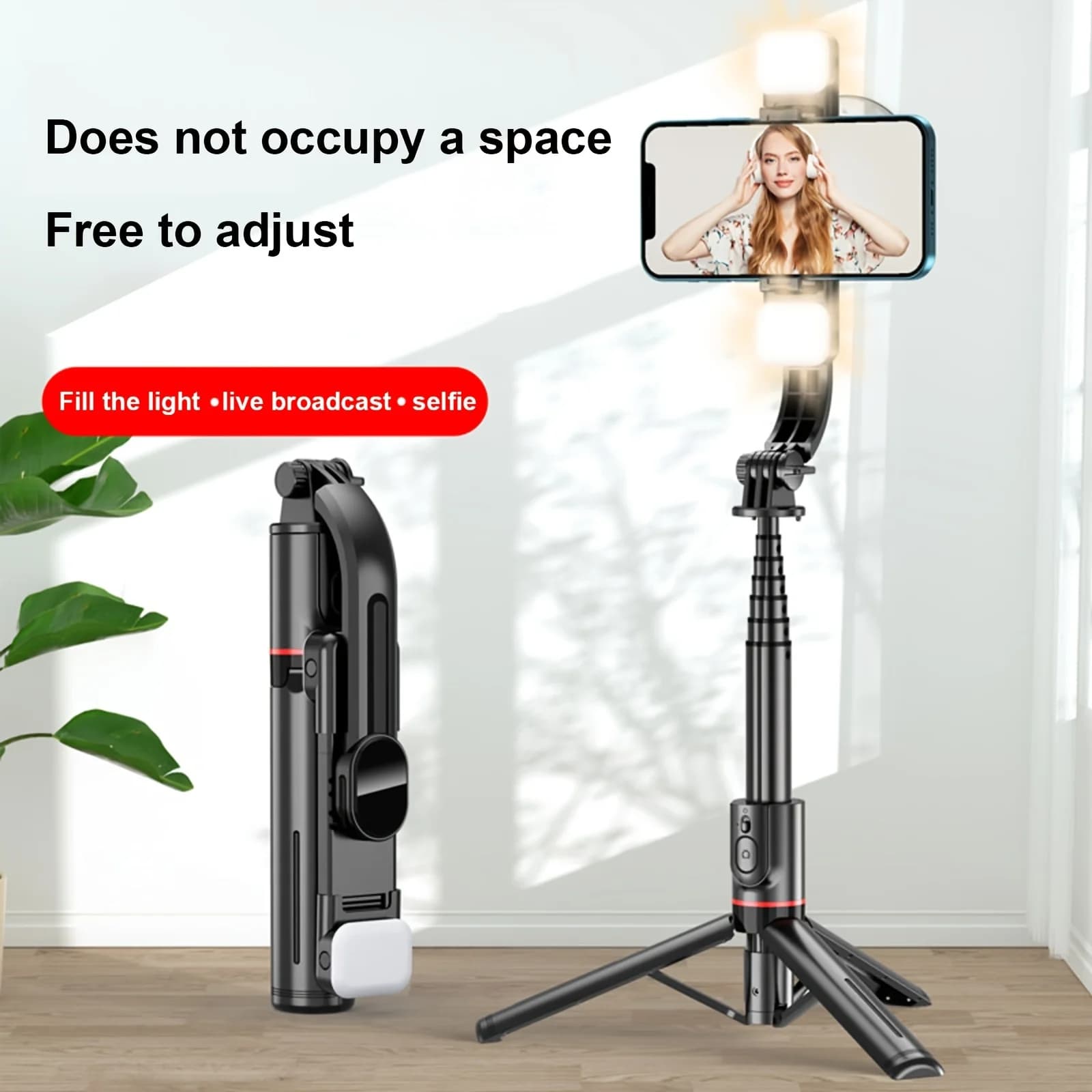 Staffa di rinforzo per luce di riempimento anteriore e posteriore portatile da 42,7 pollici Treppiede Bluetooth Treppiede per selfie stick con rimozione wireless