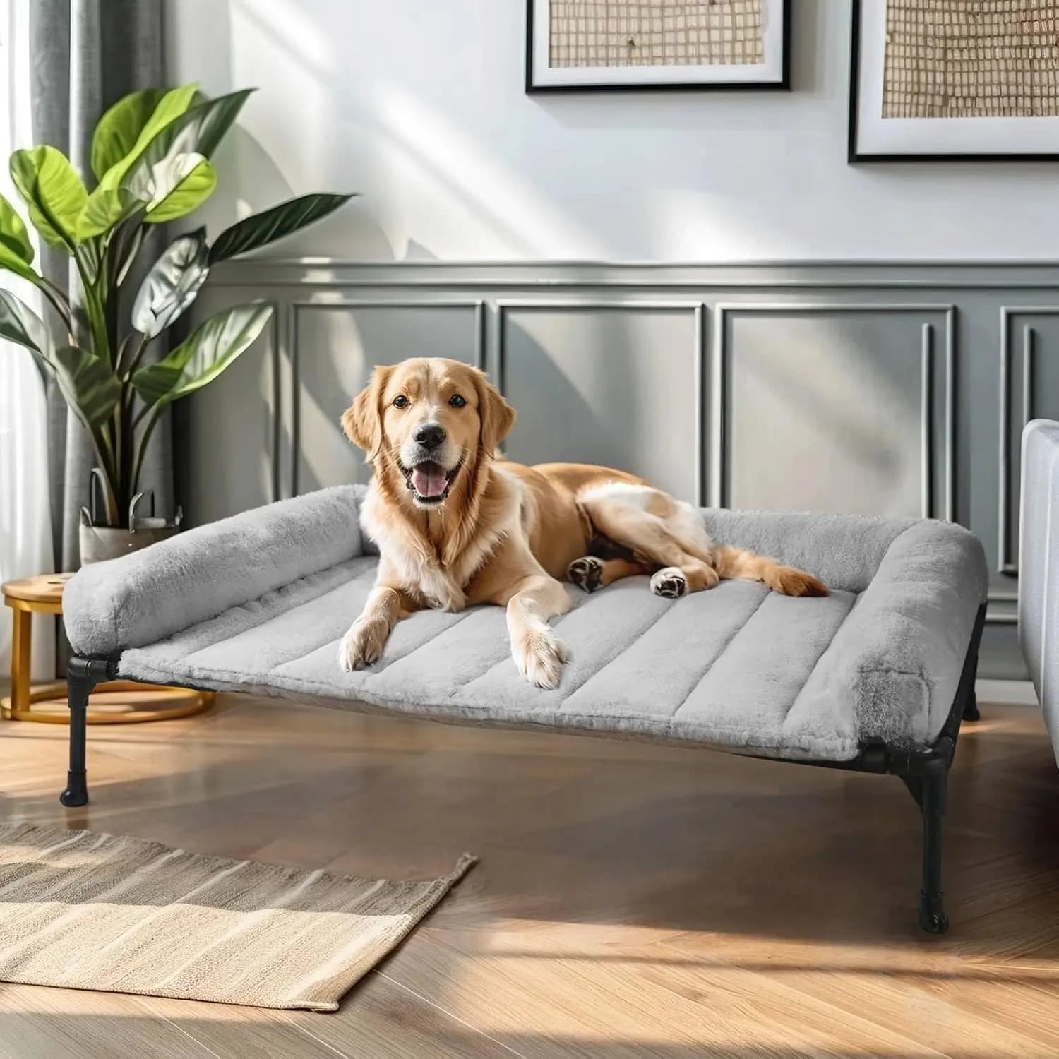 Orthopaedic Bed Raised for Dogs with Soft Cushion, Large Pet Bed Sofa, Removable and Washable Mat, Anti-slip Feet, Grey