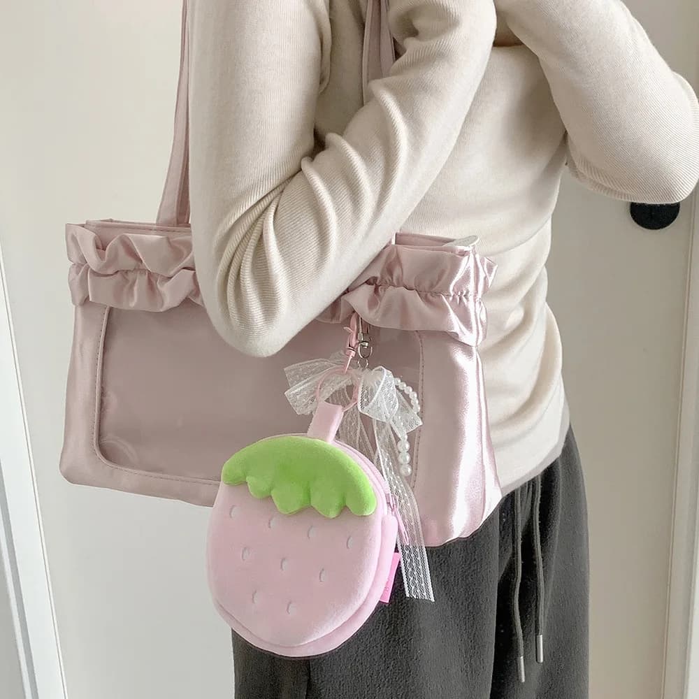 Portachiavi per Zaino, Ciondolo a Forma di Fragola, Portamonete in Peluche, Custodia per Auricolari, Piccola Borsa per Trucchi, Carino e Compatto, per Zaino e Scuola