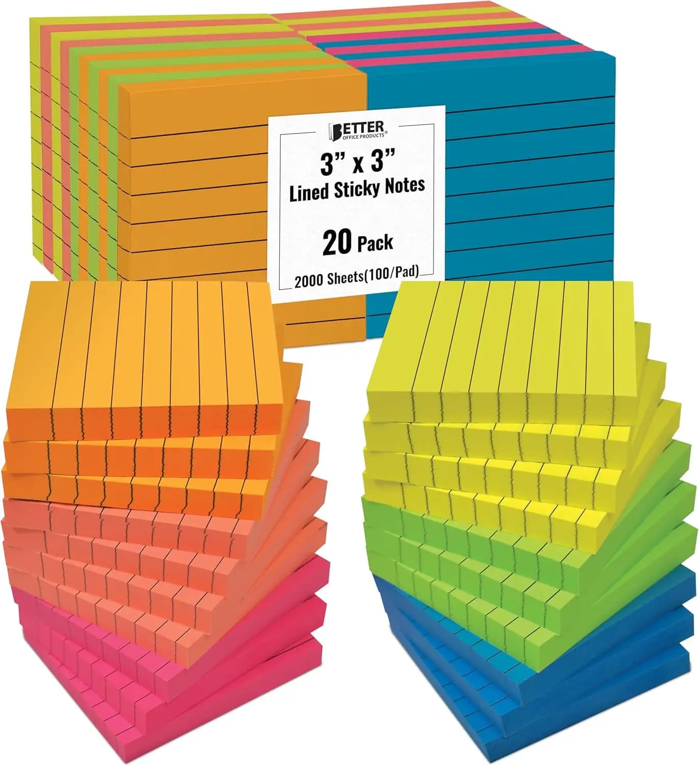Blocchetti Adesivi a Righe 3x3, Confezione da 20 Blocchetti, 2000 Fogli Colori Vivaci, Memo Pad con Adesivo Forte