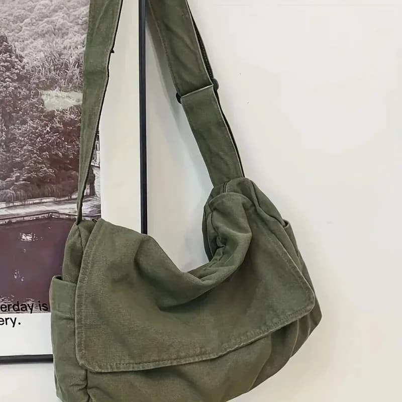 Water-washed canvas sling bag, trendy brand large-capacity shoulder bag, casual solid colour, student fashion messenger bag