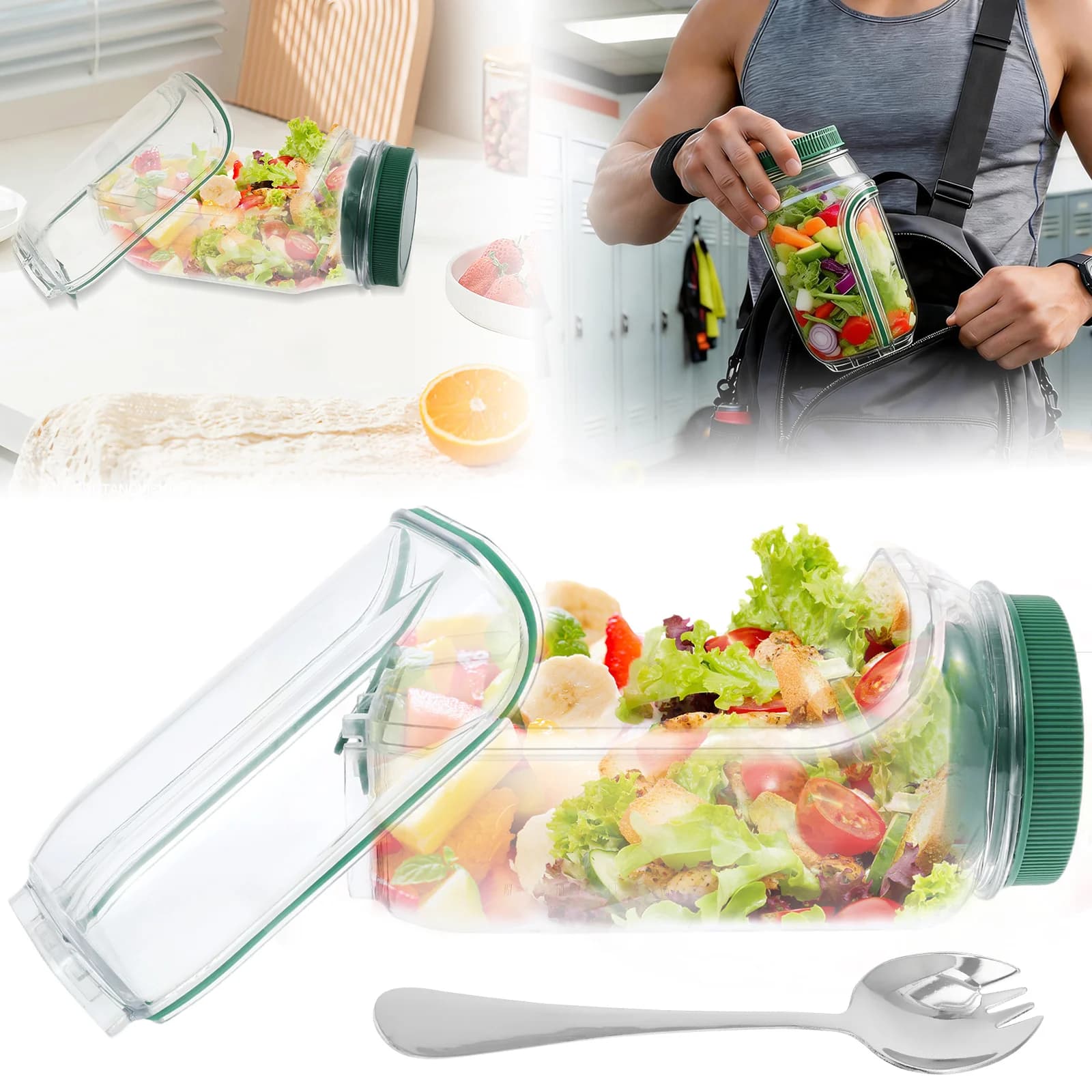 1000ML Salad Box Sealed Leak-proof Salad Jar with 90 ml Dressing Cup and Fork Plastic Salad Storage Jar for Office Travel Picnic