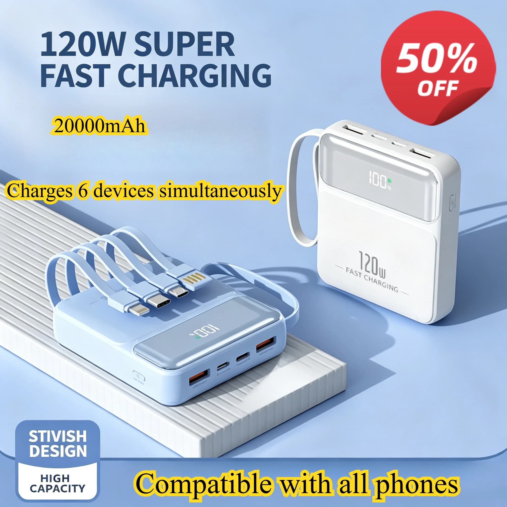 Mini 20000mAh 120W Power Bank with Built‑in Cable Can be taken on the plane Fast charging, no phone damage