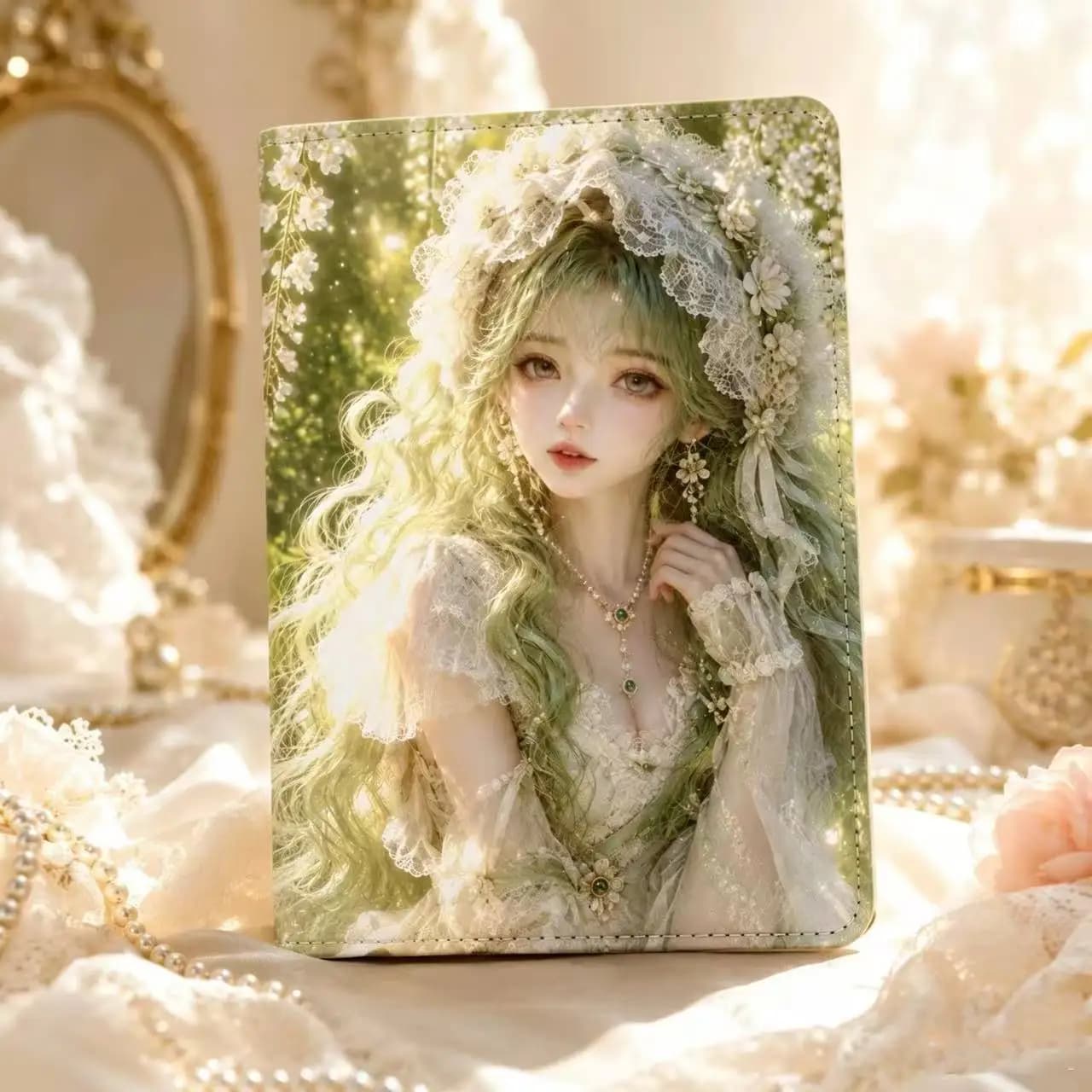 Forest Light Green Beauty Notebook, Vintage Floral Leather Journal, Cute Anime Girl Diary, Kawaii Aesthetic Writing Planner for