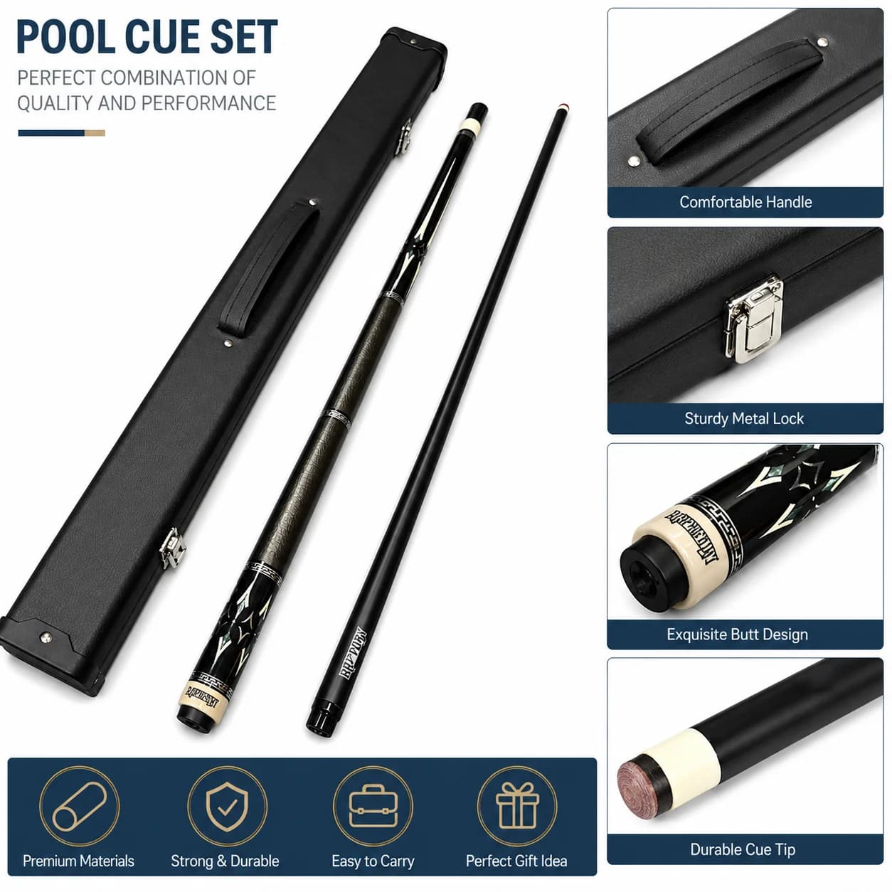 12.5mm Tip 2-Piece Professional Billiard Cue, Black Anti-Slip Leather Wrap Grip, Silver Geometric Pattern Butt, with cue case