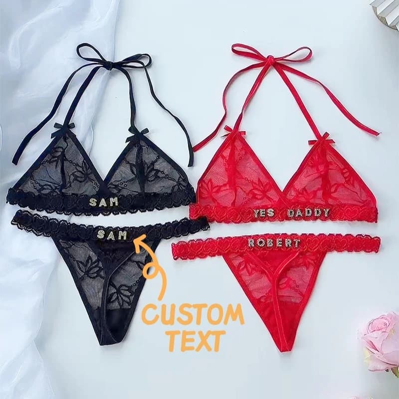 Custom Crystal Letter Name Beads Set of sexy bra and panties with lace tie Custom Textile sexy lingerie dress with custom thong