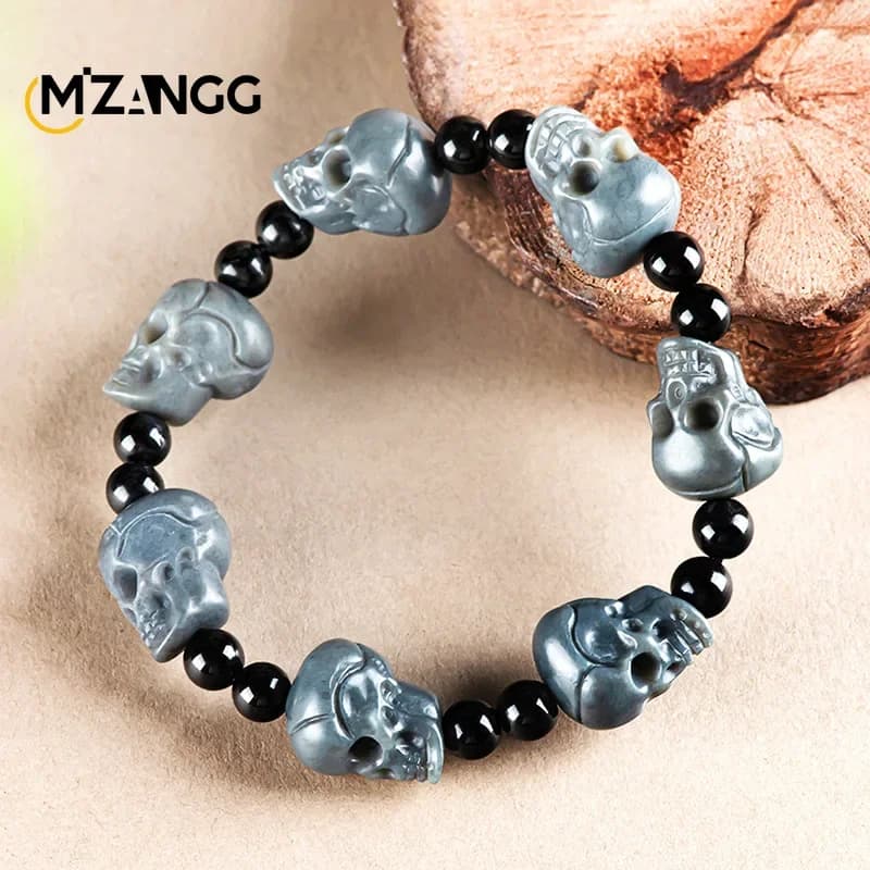 Authentic Natural Hetian Jade Ash Skull Stone Bracelet High-grade Fashion Men's and Women's Personality Beads String Gifts
